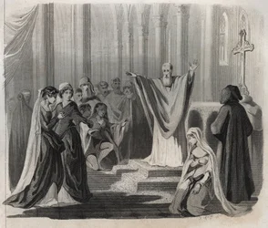 Saint Dunstan (ca. 909-988), eveque af Canterbury, benediktiner og reformator af klosterlivet i England, meddeler sin forestående død til folket. Indgravering fra 1846 i ""De helliges liv"". Privat samling.