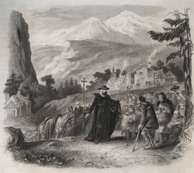 Saint Francois-de-Sales (Saint Francois de Sales) (1567-1622), eveque i Genève på et pastoralt besøg. Indgravering fra 1846 i ""De helliges liv"". Privat samling.