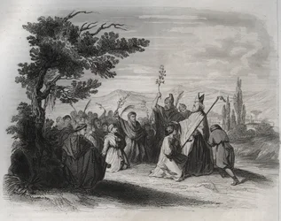 Saint Hilaire de Poitiers (310-368) vender tilbage fra eksil. Indgravering fra 1846 i "" De helliges liv"". Privat samling.