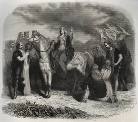 Saint Radegonde (Radegonde de Poitiers, 519-587) brændte et Paian-tempel og konverterede gallerne til den kristne religion. Indgravering fra 1846 i ""De helliges liv"". Privat samling.