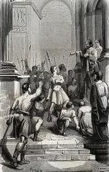 Saturnin af Toulouse (Saint Sernin, første kristne eveque af Toulouse) (3. århundrede) standset ved hovedstaden i Toulouse - Indgravering af 1846 i "Lives des saints"". Privat samling.
