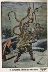 Scaphandler angrebet af en blæksprutte. Indgravering i "" Le petit Journal"", den 16/06/1912. Privat samling.