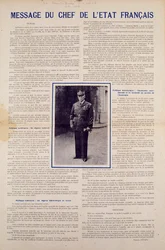 Anden Verdenskrig og Vichy-regimet: budskab fra det franske statsoverhoved Philippe Pétain, offentliggjort efter den våbenstilstand, som Frankrig underskrev i juni 1940, og med en præsentation af Den Nationale Revolutions program, efteråret 1940.
