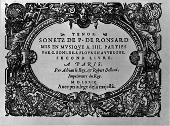 Andet bind af den franske digter Pierre de Ronsards sonetter (1524-1585) sat i musik af Guillaume Boni. Paris 1579