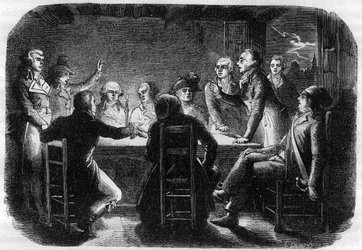 Hemmeligt konciliabule i Charenton - Charentons sammensværgelse maj 1793 - Girondinerne anklagede Georges Jacques Danton for at konspirere med Pariserkommunen (var til stede under mødet Georges Danton, Maximilien af Robespierre, Claude Basire, Francois Cha