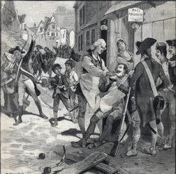 Belejring af Lille i 1792: Maes paryk bruger en bombesprængning som skægfad til at barbere en klient. Indgravering i "" Le petit parisien"" den 16/10/1892. Privat samling