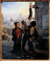 Lille skorstensskorsten, der afviger til vandet i en pumpe på Quai du Louvre i 1830 Anonymt maleri. 1830 søn. 0,45x0,38 m