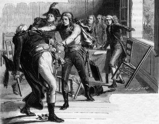 Nicolas-Joseph Beaurepaires selvmord (1792) efter beslutningen om at tilbagegive Verdun til preusserne - stik i „Histoire des Girondins“ af Alphonse de Lamartine (1790-1869), 1865-1866 - privatsamling