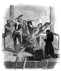 Tortur af hjulet - Breaking wheel - illustration i "" Mysteries of the Inquisition and other Secret Societies of Spain"" Af Victor de Feral, Suberwick, Manuel Galo de Cuendias. Udgivet af P. Boizard