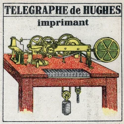 Telegraf: elektrisk telegraftrykker af David Edward Hughes (1831-1900). Anonym illustration fra 1925. Privat samling.
