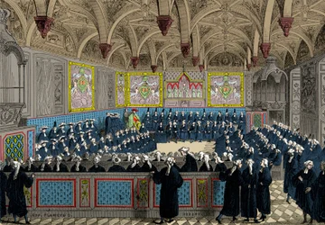 Parlamentsforsamlingen i 1787 i nærværelse af kong Louis XVI, gravering, privat samling