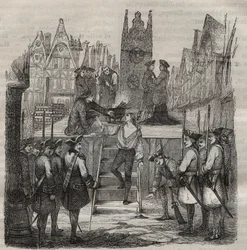 Chevalier François-Jean Lefebvre de La Barre (François Jean Lefebvre de La Barre) bestiger skafottet i 1766. Kobberstik i «Histoire des bagnes depuis leur création à nos jours» (1877) af Pierre Zaccone (1817-1895), straffekoloni