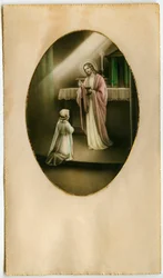 Eukaristien, nadveren, alterets sakramente: et barn foran Jesus (gravering)