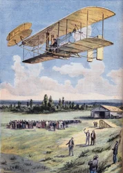 The Flying Men: Wilbur Wrights (1867-1912) oplevelser over Hunaudieres racerbanen, nær byen Le Mans. Gravering fra avisen "" Le Peute Parisien"", den 30/08/1908. Privat samling.