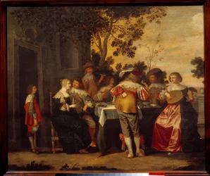 The Gallant Scene kortspil med et par spillere og musikere. Anonymt maleri. Lille fra det 17. århundrede, Musee des Beaux Arts