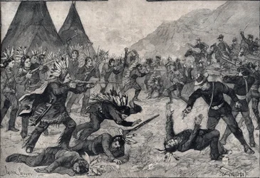 Det indiske oprør i USA: en kamp mellem sioux-indianere og amerikanske tropper. Stik i "" Le petit Parisien"" fra 1891. Privat samling.