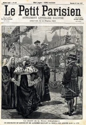 Jubilæet for dronningen af England Victoria: Londons overborgmester Horatio Davies (1819-1901) og hans rådmænd, der modtog dronningen, ankom til byen. I "" Le Petit Parisien"" den 27/06/1897. Privat samling
