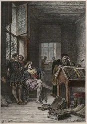 Kongen af Frankrig Francois I (1494-1547), beskytter af kunst og bogstaver, besøger værkstederne hos trykkerierne Estienne (Robert Estienne), omkring 1540 (kongen af Frankrig Frans I besøger de kongelige typografers Estiennes værksteder
