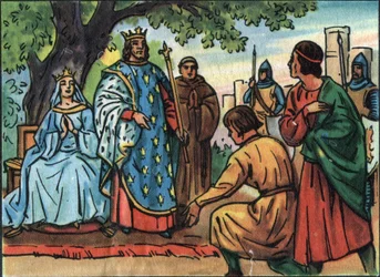 Kongen af ​​Frankrig Saint Louis (Louis IX 1214-1270) gør retfærdighed under egetræet i Bois de Vincennes. Anonym illustration i ""Samling af Frankrigs suveræner og statsoverhoveder"". 20. århundrede. Privat samling.