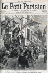 Den spansk-amerikanske krig (American Hispano): folkemængden river mærket fra det amerikanske konsulat i Malaga, Spanien i 1898. Cover af "" Le petit Parisien "" fra maj 1898.