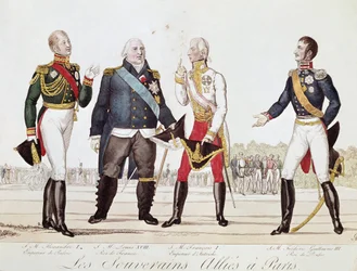 De allierede suveræner: Alexander 1. af Rusland, Ludvig XVIII af Frankrig, Francois II af Østrig og Frederik Vilhelm III af Preussen under undertegnelsen af Alliancen i Paris september 1815 (litografi).
