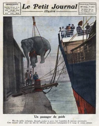 Ankomsten med båd af en elefant erhvervet af en zoologisk have af mennesker efter krigen. Illustration taget fra "" Le petit journal illustrious"" af 20/11/1921. Privat samling