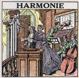 Kunsten at lyde: harmoni. Sangere og musikere i en kirke. Anonym illustration fra 1925. Privat samling.