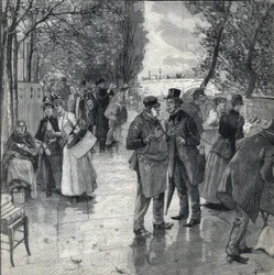 Bog-bog-vandringen på bredden af kajen i Paris. Indgravering i "" Le petit parisien"" den 30/10/1892. Privat samling