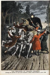 Motorvejenes soldater: angrebet af Lyon-posten mellem Lieusaint og Melun (Seine Et Marne) i april 1796. Indgravering i "" Le Petite Journal"