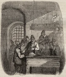 Kantinen i Brest-fængslet i det 19. århundrede. Indgravering i "Fangernes historie fra deres skabelse til i dag"" (1877) af Pierre Zaccone (1817-1895) (Colonia Penale - Straffekoloni). Privat samling.