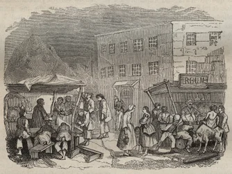 Kantinen i bagne de Rochefort i det 19. århundrede. Indgravering i "Fangernes historie fra deres skabelse til i dag"" (1877) af Pierre Zaccone (1817-1895) (Colonia Penale - Straffekoloni) Privat samling.