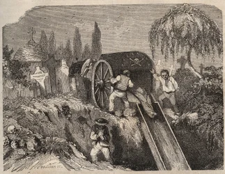 Kirkegården i Brest Bagne i det 19. århundrede. Indgravering i "Fangernes historie fra deres skabelse til i dag"" (1877) af Pierre Zaccone (1817-1895) (Colonia Penale - Straffekoloni). Privat samling.