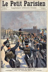 Hundredåret for Saint Cyr (Saint-Cyr): Napoleon I Bonaparte (1769-1821) bestod den første anmeldelse af militærskolens elever. En af avisen "" Le petit parisien"" den 12/04/1908. Privat samling.