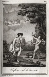 Kærlighedens barndom. Stik fra 1819 i "Lettres a Emilie sur la mythologie" af Charles Albert Demoustier (1760-1801). Privat samling.