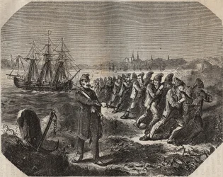 Cordellen (arbejde med stor træthed) ved bagne de Rochefort i det 19. århundrede. Indgravering i "Historien om fængslerne fra deres skabelse til i dag"" (1877) af Pierre Zaccone (1817-1895) (Colonia Penale - Straffekoloni)