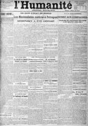 Kuppet i Rusland på overskrifterne på den socialistiske avis "Humanity"". Overskrifter:"" Mestermaksimalisterne i Petrograd", "" Kerensky blev deponeret""" (Kerenski), den 9/11/1917.