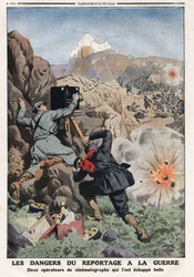 Farerne ved at rapportere i krig: "" to korrespondentreportere i lande i krig, der risikerer deres liv""" illustration fra "" Le Petit Journal"" 03/11/1912 Privat samling.