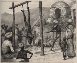 Fakiren i Indien - Fakirerne (Faquir) i Indien - blev hængt ved fødderne på en træstang - indgravering fra 1892 i "Journal des voyages".