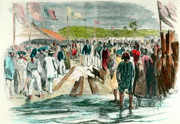 Den første opsamling ved indvielsen af boreværket på Suez-kanalen den 25. april 1859. Byggepladsen i Egypten, der skulle forbinde Det Røde Hav med Middelhavet, varede indtil 1869. Indgravering af 1800-tallets Collection Particuliere