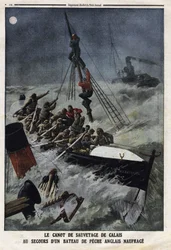 Redningsbåden i Calais for at redde en engelsk fiskerbåd, der synker. Indgravering i "" Le Petite Journal"", den 11/02/1912. Privat samling.
