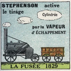 Lokomotivet: raketten opfundet af George Stephenson (1781-1848) i 1829. Anonym illustration fra 1925. Privat samling.