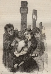 Mærket ved fængslet i Rochefort i det 19. århundrede. Indgravering i "Fangernes historie fra deres skabelse til i dag"" (1877) af Pierre Zaccone (1817-1895) (Colonia Penale - Straffekoloni). Privat samling.