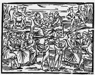 Heksenes måltid på sabbatten - "Compendium Maleficarum", omhandler heksene, deres ondskab og deres sortileges af Francesco Maria Guazzo eller Guaccio eller Guaccius (15?? -16??) 1608 Private Collection