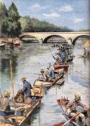 Åbningen af fiskeriet. Gravering fra avisen "" Le Petite Parisien"", den 21/06/1908. Privat samling.
