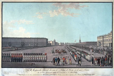 Paraden foran Vinterpaladset i St. Petersborg - Anonym - 1799 - Radering, akvarel - 65x95,6 - Privat samling