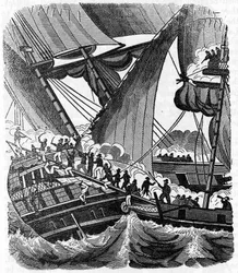 Piratherren Jean Lafitte (1780-1826) nærmer sig Queen East-skibet fra Compagnie des Indes. Indgravering af "" Piratens egen bog "" 1837.