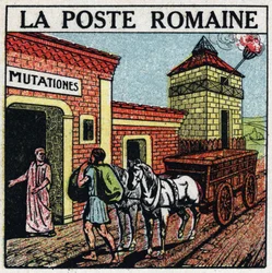 Posten: den romerske post. En "mutationes", et sted, hvor heste brugt til postkontoret kunne lejes kaldet "" curriculum publicus". Anonym illustration fra 1925. Privat samling.