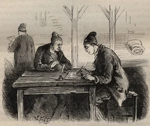 Den offentlige skribent på Toulon Bagne i det 19. århundrede. Indgravering i "Fangernes historie fra deres skabelse til i dag"" (1877) af Pierre Zaccone (1817-1895) (Colonia Penale - Straffekoloni). Privat samling.
