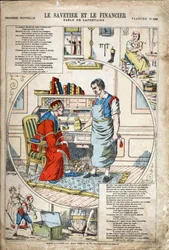 Spareren og finansmanden. Anonym illustration til Les Fables af Jean de LA FONTAINE (Lafontaine) (1621-1695). Billeddannelse af Pont-a-Mousson, ca. 1880. Privat samling.