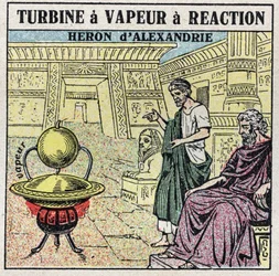 Dampmaskinen: en reaktionsdampturbine. Eolipyle opfundet af den græske Hejre af Alexandria (eller Heron The Elder) i det 1. århundrede e.Kr. Anonym illustration fra 1925. Privat samling.